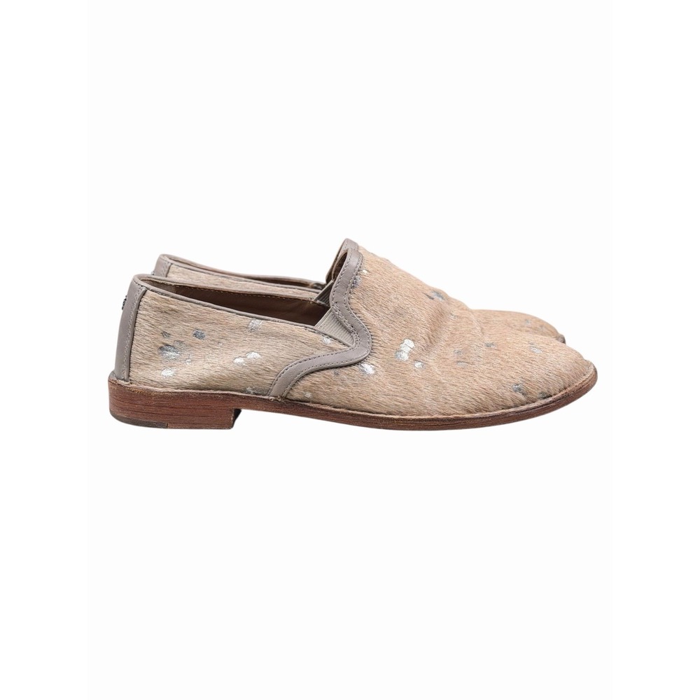 TRASK Ali Bone Acid Washed Metallic Hair Calf Flat Size 8 M Beige Leather